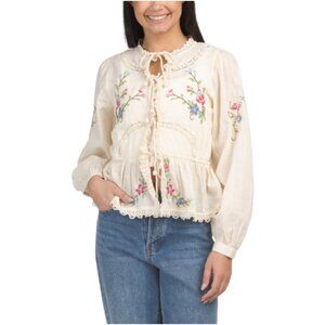 JENNIFER AND GRACE Long Sleeve Cross Stitch Embroidered Lace Vest Top